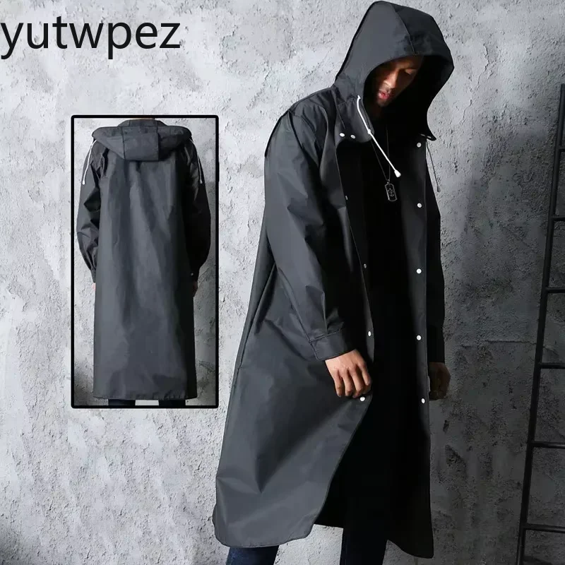 Black Fashion Adult Waterproof Long Raincoat Rain Coat Hooded for Outdoor Hiking Travel Hunting Sport Fishing Climbing Thickened