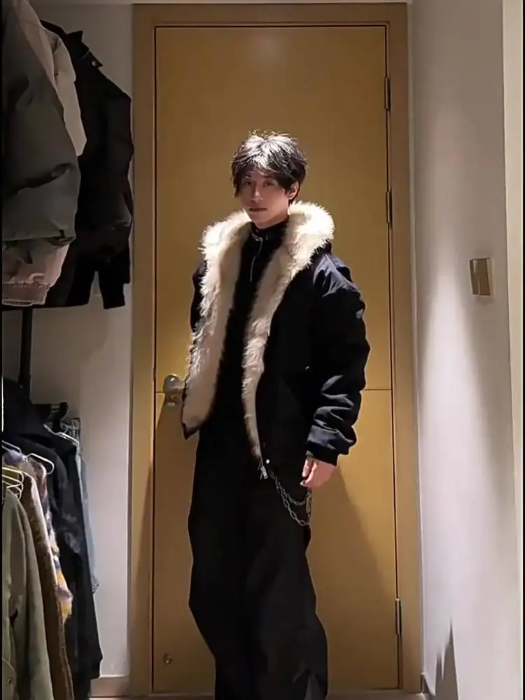 Retro American High Street Vibe Hooded Cotton Jaet Men's Thiened Fur Collar Winter Warm Faionable Casual Outerwear