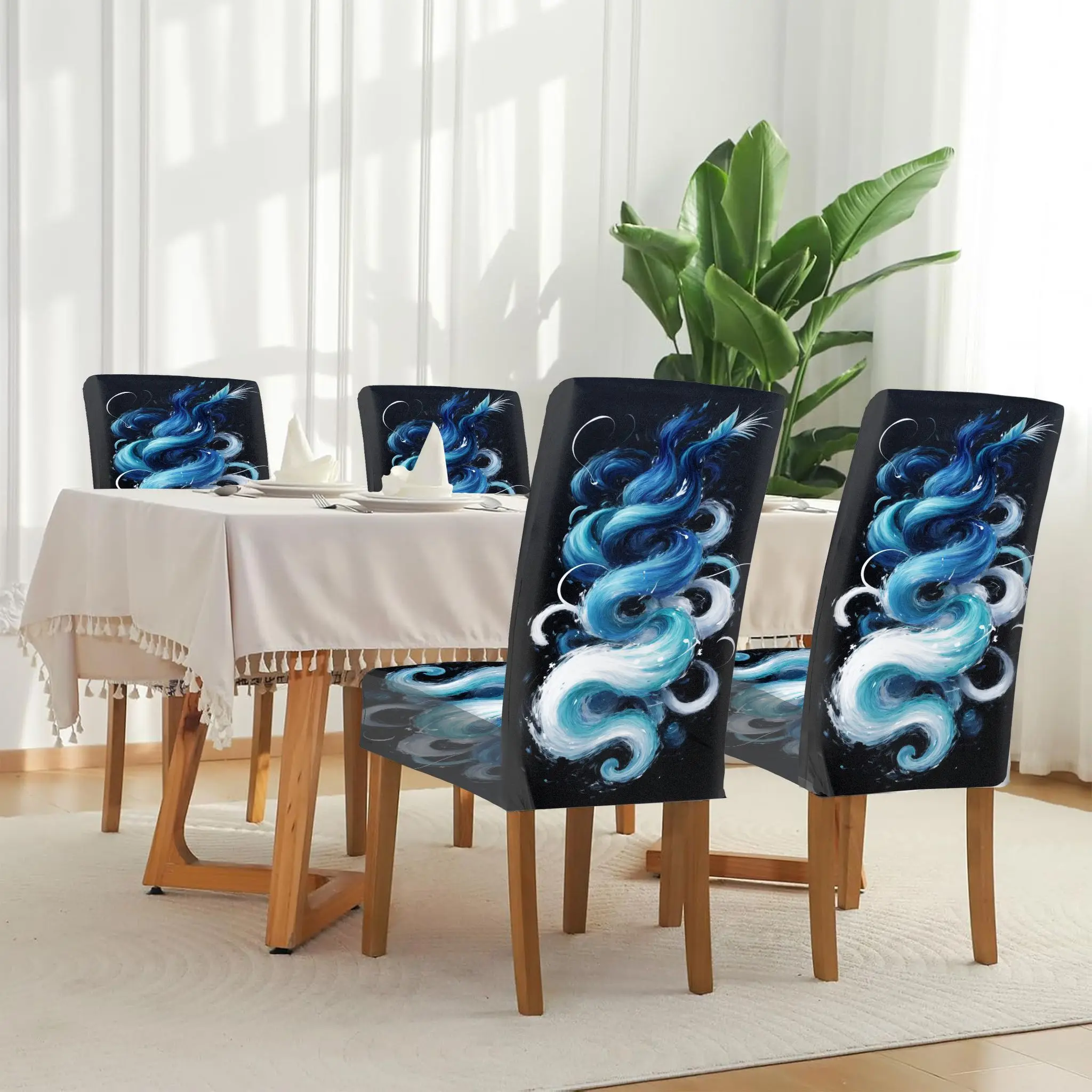 

Эластичный чехол для обеденного стула с абстрактным динамичным узором в виде синих вихрей, съемный, моющийся, для домашнего использования.
