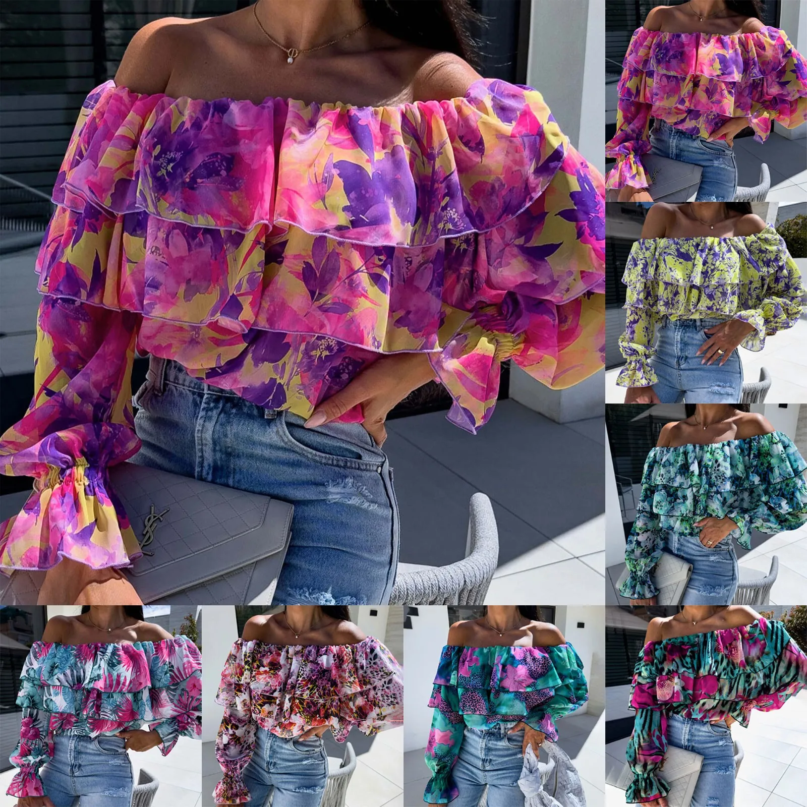 Elegant And Youthful Woman Blouses Women'S Boho Off The Shoulder Long Sleeve Blouse Tops Casual Floral Print Puffy 한국인후기많은옷