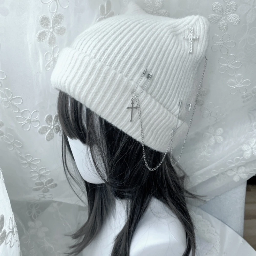 Gothic Knitted Beanies Y2K Hat for Women Cat Ear Hat Handmade Crochet Skull Hat Female Teens Subculture Headwear Accessories