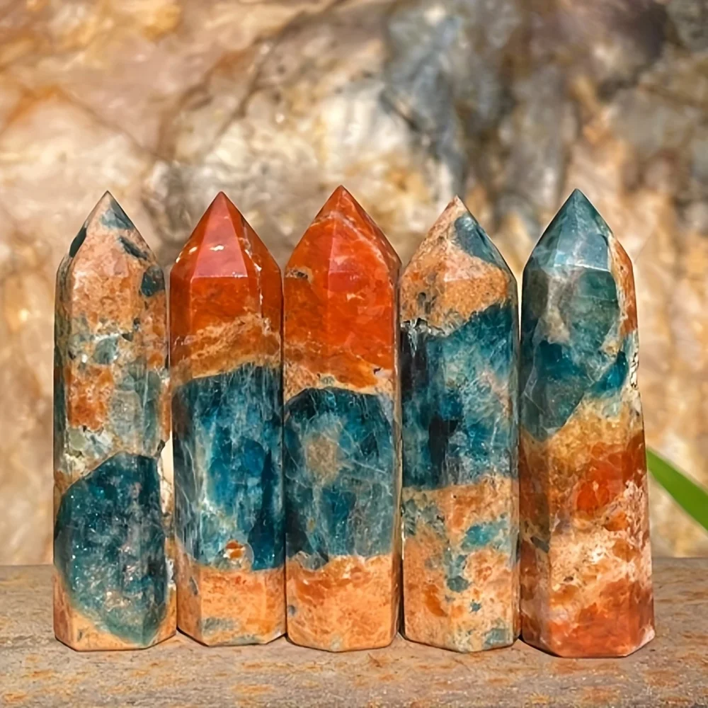 1 pieza de calcita naranja rara con torre de apatita azul, puntas de calcita naranja con apatita azul, piedra decorativa de cristal de apatita azul