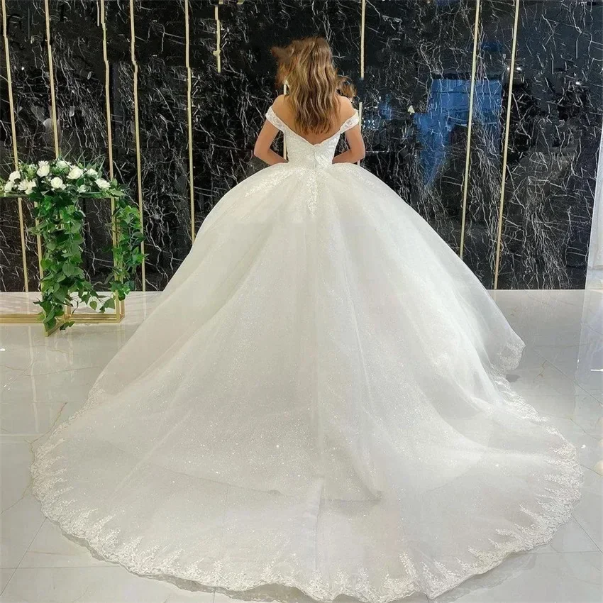 Flavinke 여성을위한 맞춤형 오프 숄더 웨딩 드레스 아플리케 반짝이 Tulle Bridal 가운 V 넥 A 라인 Robe De Mariée