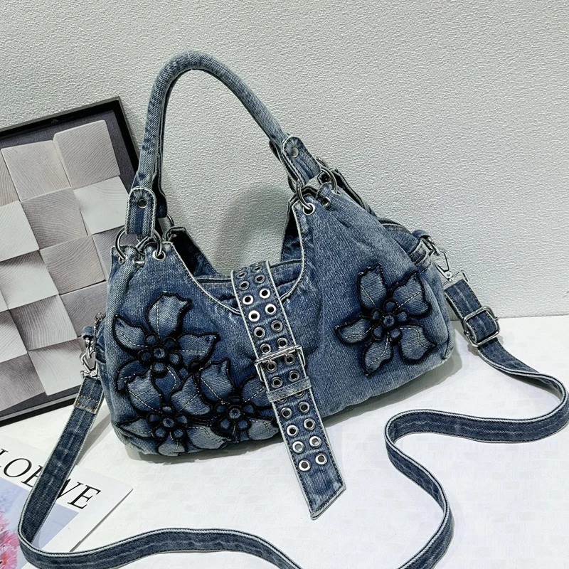 

Casual Denim Bags For Women Luxury Designer Handbag And Purses 2026 New In Embroidered Flower Top Handle Underarm Cloth Shoulder