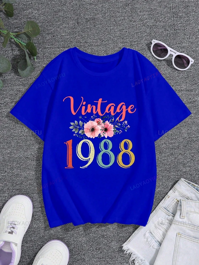 Souvenir Gift for 1988 Birthday, Vintage Style Patterned Top, Women's Fashion Short-sleeved Shirt,Everyday Street Cotton T-shirt