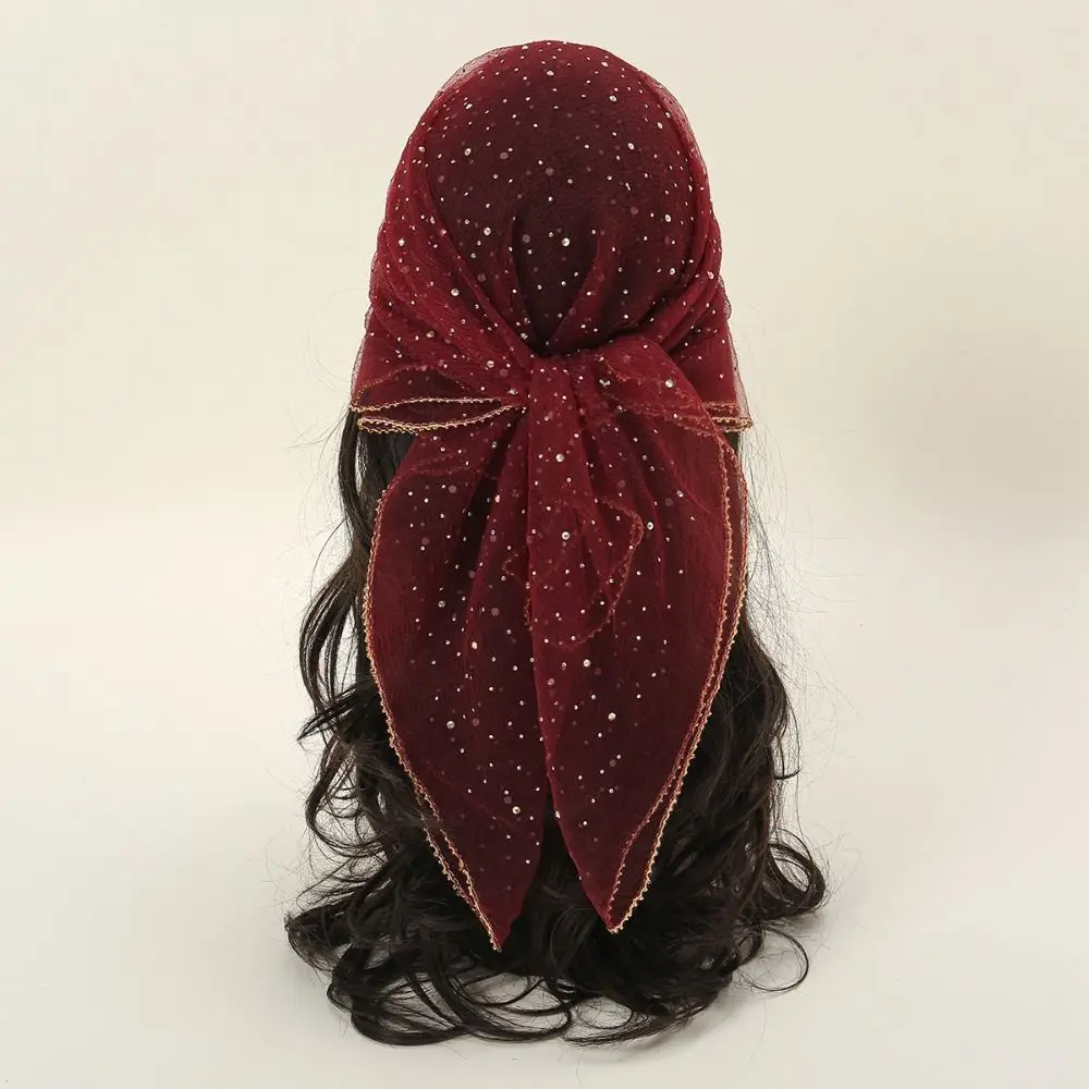 Sparkle Hotfix Rhinestone Square Scarf Sequin Thin Sparkling Headwrap Hair Wrap Breathable Fabric Lace Shawl Headband Head Wrap