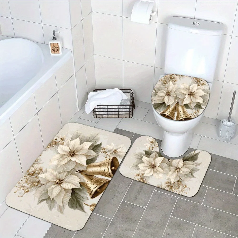 

3 шт. мягкие и впитывающие плюшевые коврики для ванной, нескользящие, моющиеся, удобные, белые цветы пуансеттии, белое Рождество