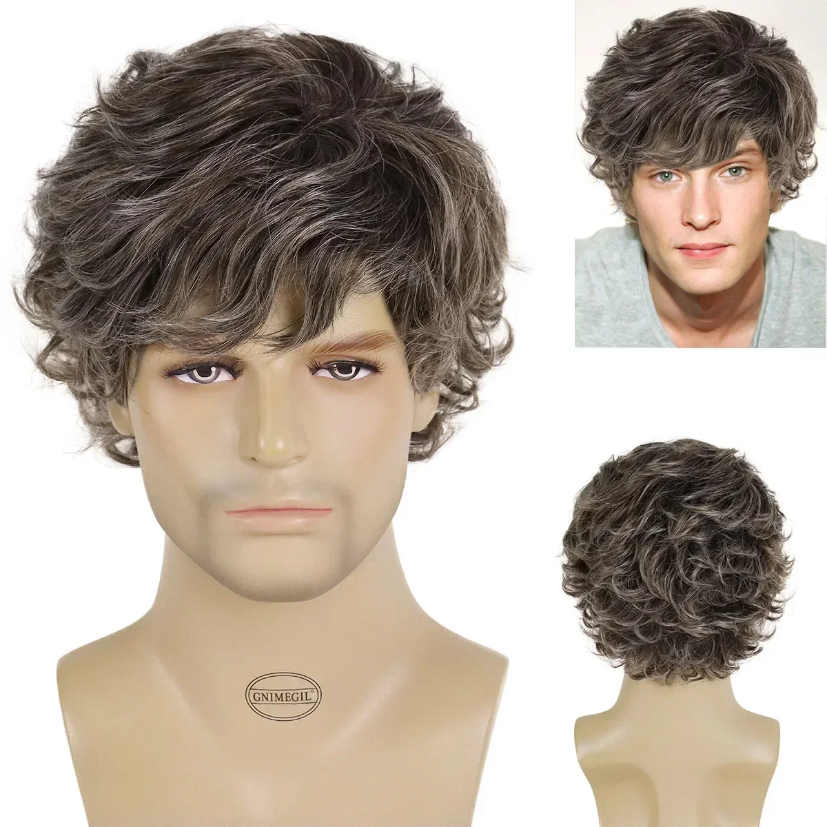 

Brown Mix Grey Curly Wig for Men Older Hair Wig with Bangs Short Haircuts Carnival Party Costume Wigs