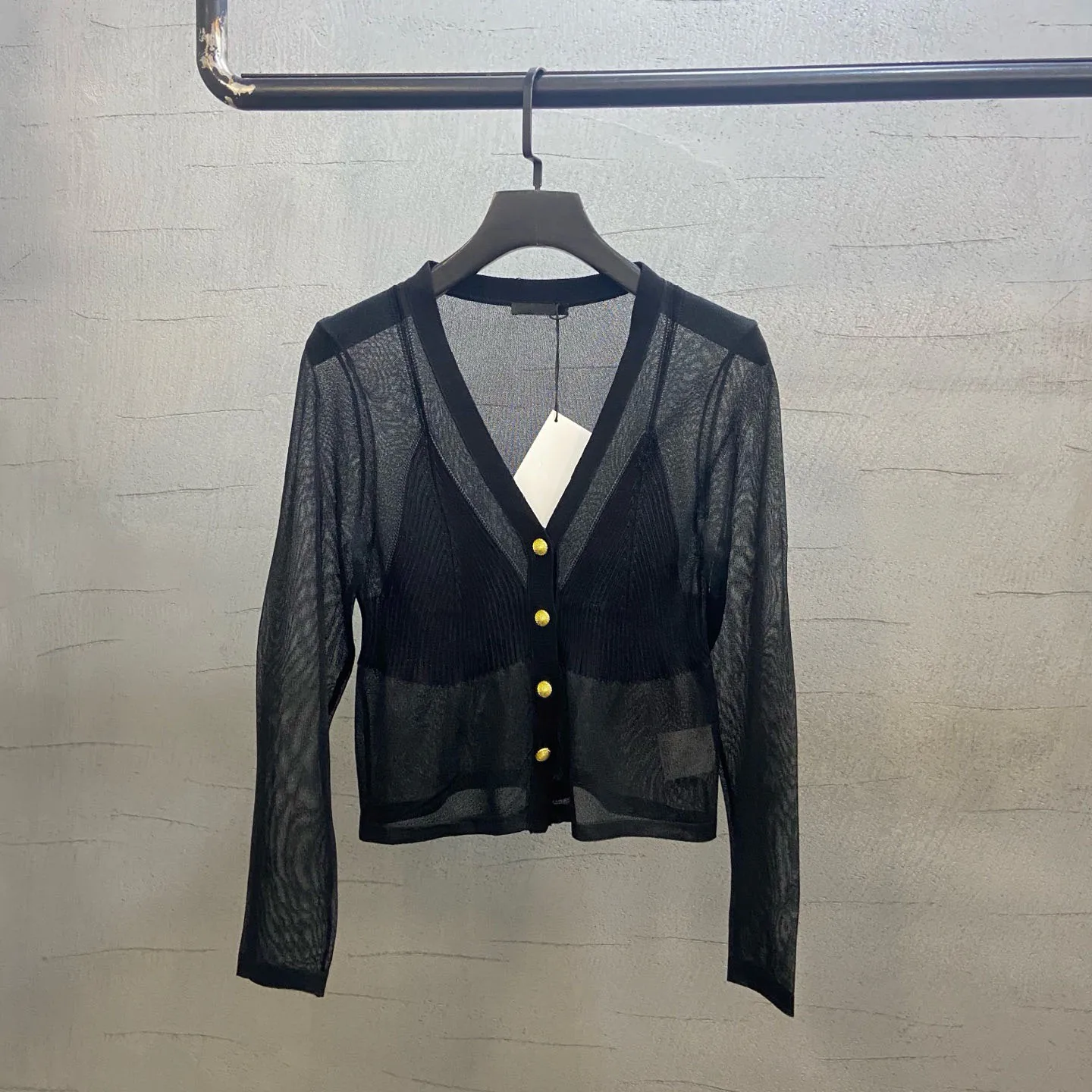 25 Early Spring New Mesh Top Fake Two Piece Micro Transparent Design Pure Desire Light Mature Small Cardigan Sweater