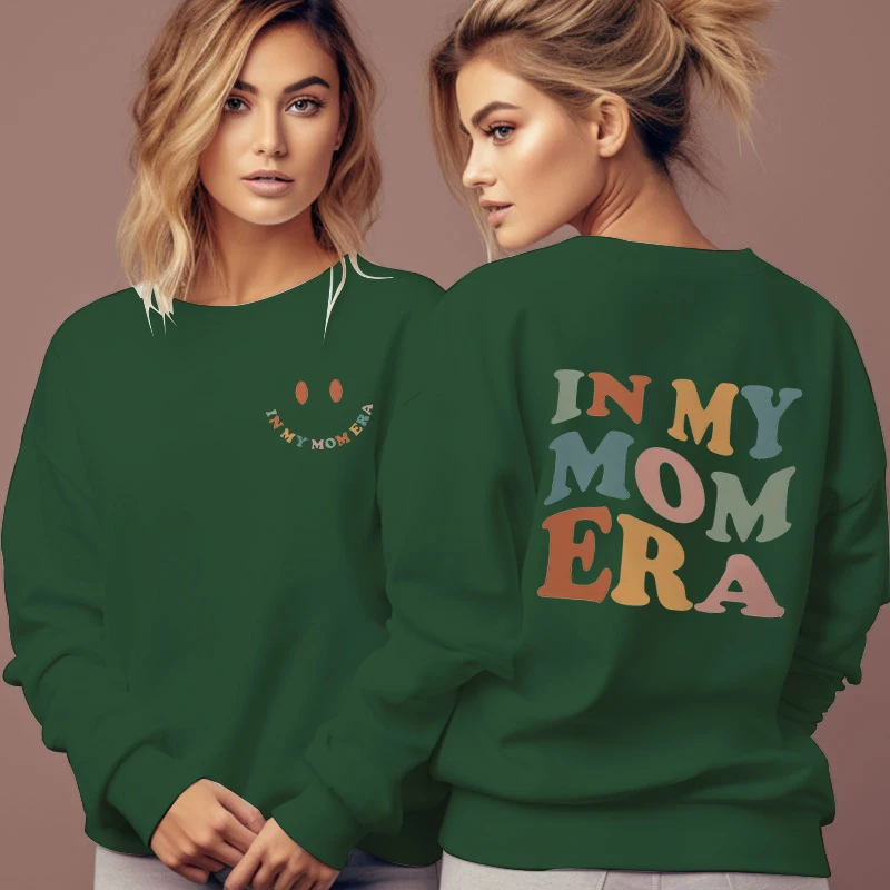 Women Creative Smiling Face Sweatshirt "In My Mom Era" Print Casual Daily Hoodless Pullover Funny Aesthetics Y2K Letter Hoodies