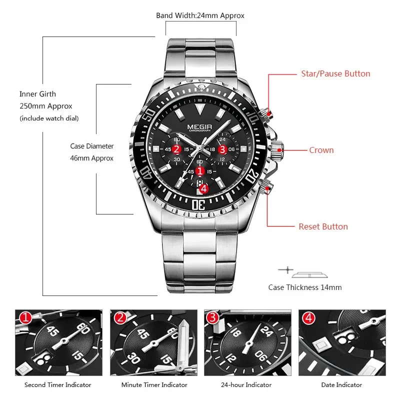 Megir ساعات كرونوغراف كوارتز رجالية ، فولاذ مقاوم للصدأ ، مقاوم للماء ، نظارة مضيئة ، ساعة يد 24 ساعة للرجل ، قرص أخضر ، 2064G-9