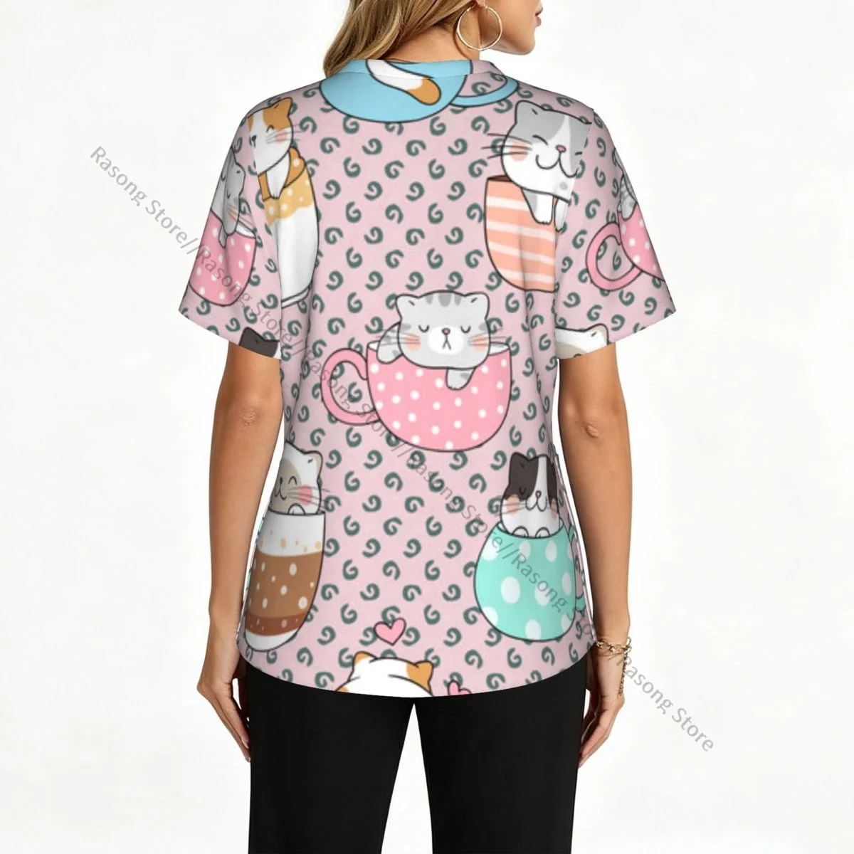 Women's Scrub Tops Short Sleeve Workwear Shirts V Neck Fitness Nursing Uniform Cute Cats Cups Pullover Spa Doctor Nursing Shirt