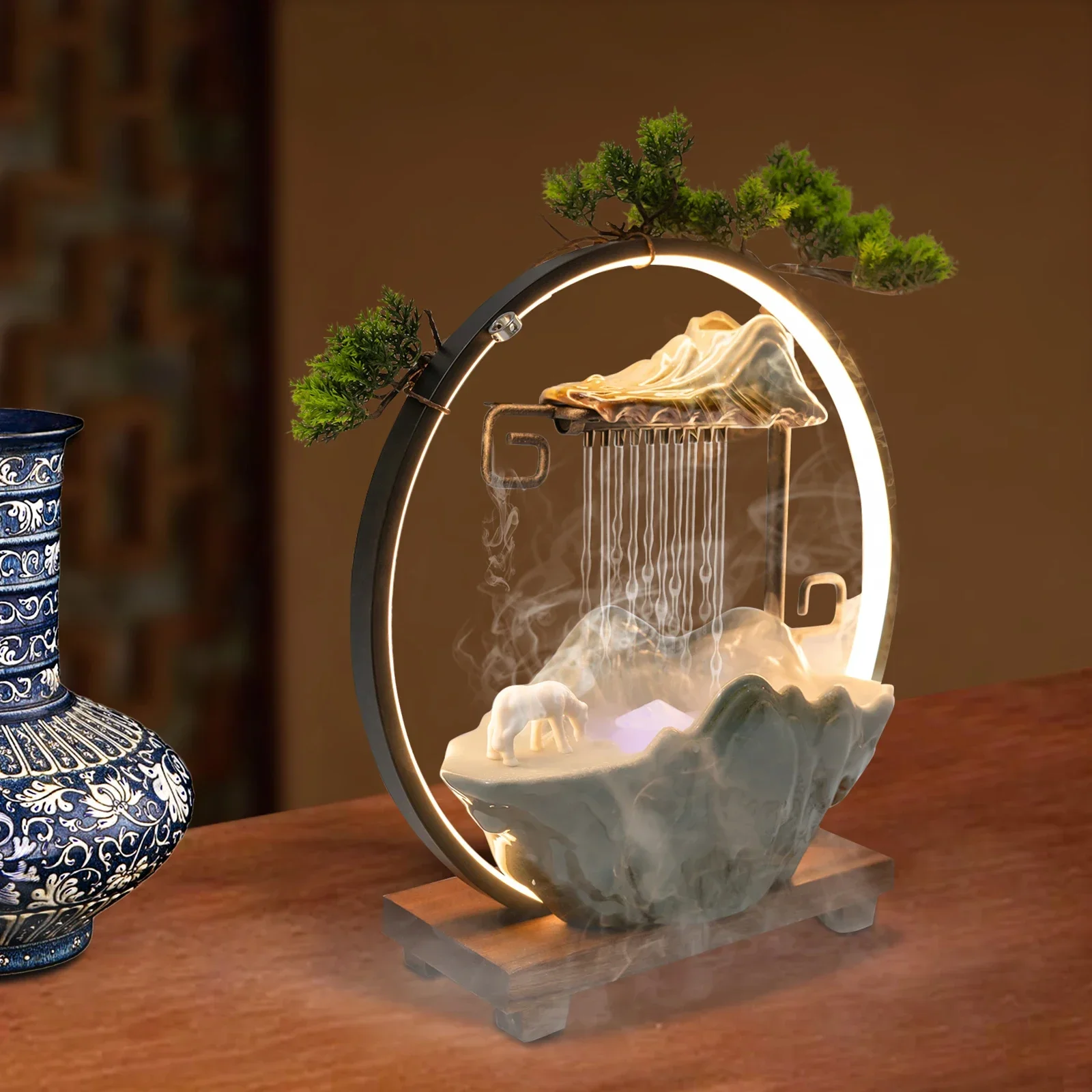

Tabletop Water Fountains Indoor Waterfall with Mist LED Indoor Water Fountains for Meditation with Fake Plants Feng Shui Decor