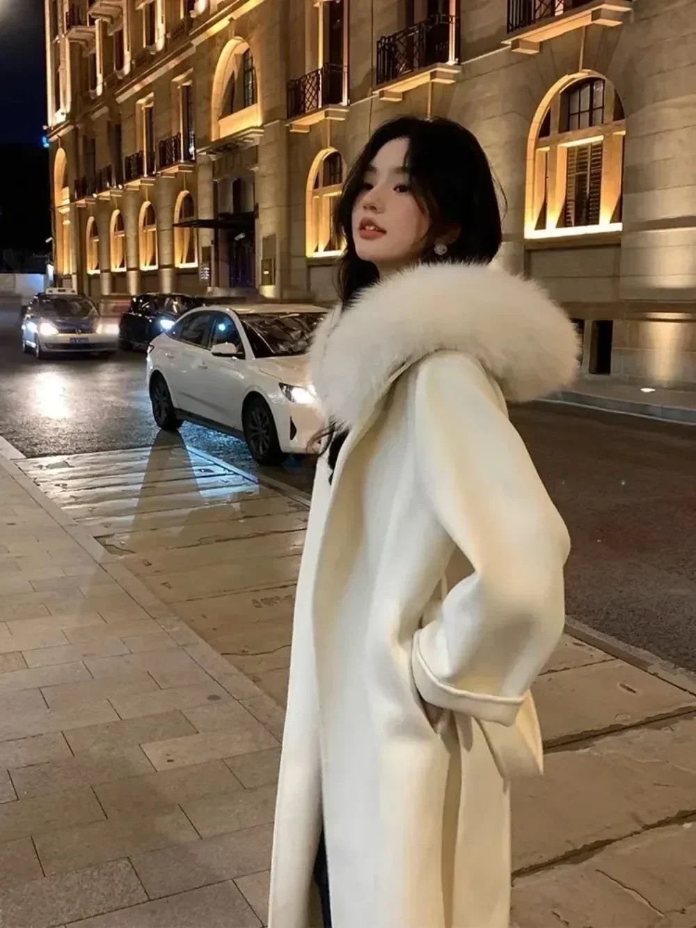 2024 New Design Hooded Fur Wool Natural Fox Fur Coats Outerwear Jackets with Belt Women\'s Overcoat Soft Woolen Coats Female