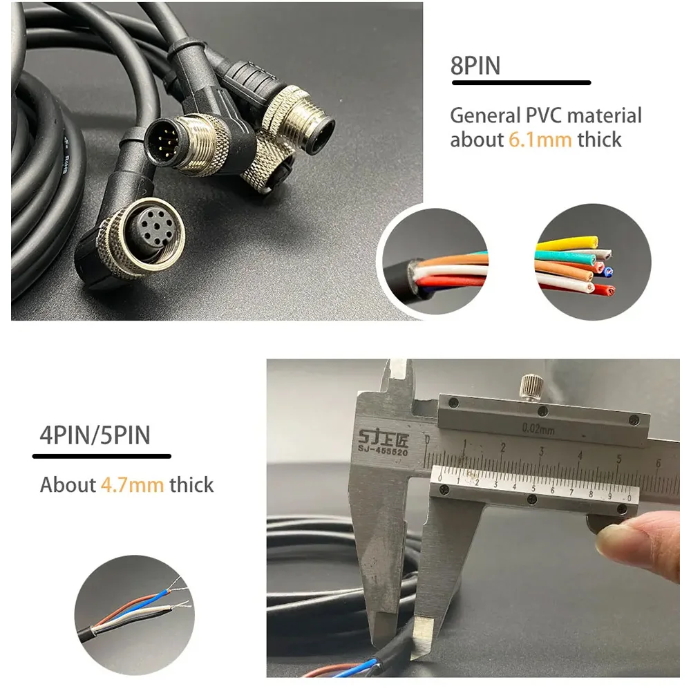 Cloweit M12 3 4 5 8 Pins PVC LED IP67 Sensor Cable Connector Type A Socket Plug 2m Waterproof  Male&Female Straight Angle