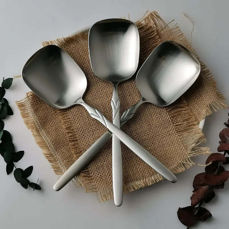 Sanding Stainless Steel Round-head Serving Spoons Household Tableware Communal Serving Ladles Kitchen Simple Salad Square Spoons
