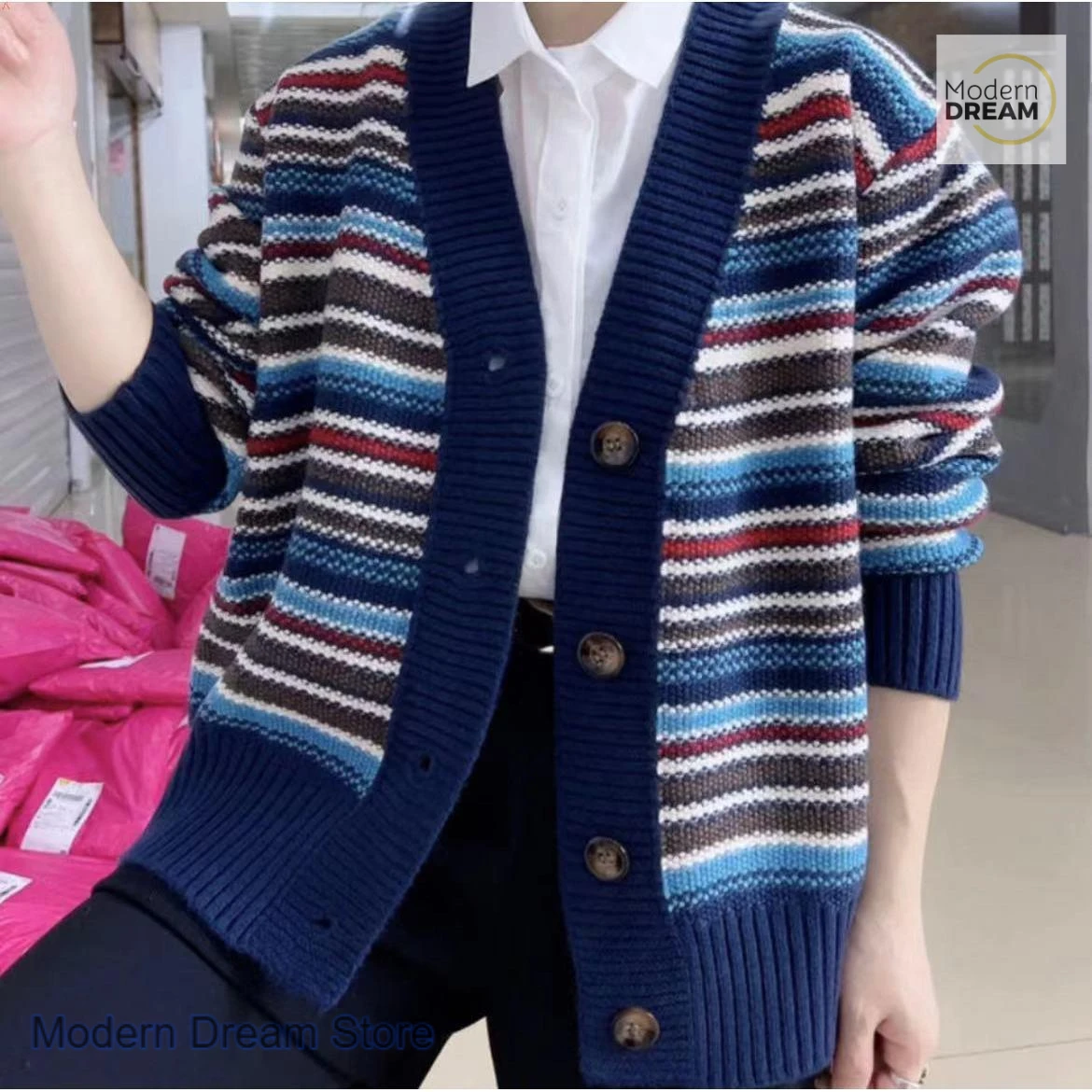 프렌치 스타일 패션 컬러 스트라이프 스웨터 코트 여성용 가을 겨울 신상 캐주얼 웨스턴 스타일 루즈 조커 스웨터 코트