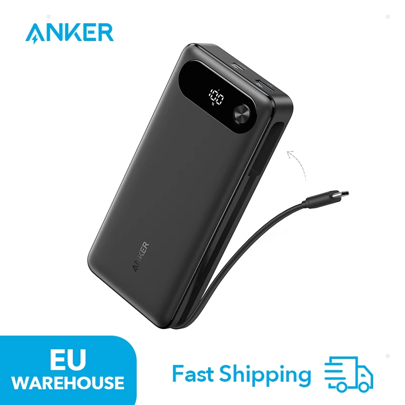 Anker Powerbank, 20.000mAh tragbares Ladegerät mit integriertem USB-C-Kabel, 87W Max Schnelllade-Akku, 2 USB-C und 1 USB-A