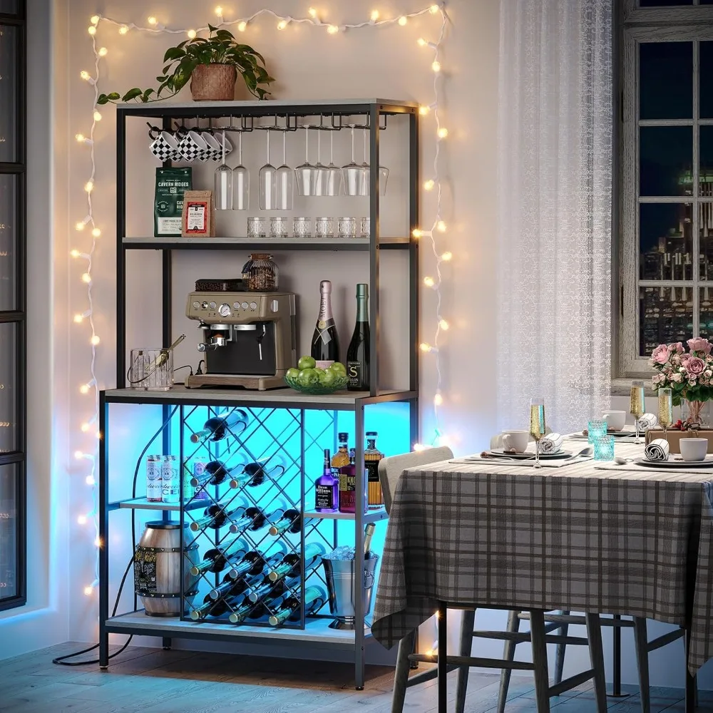 Wine Cabinet with Power Outlets & LED Lights, 5-Tier Industrial Wine Bar Cabinet with Glass Holder, Home Bar Furniture