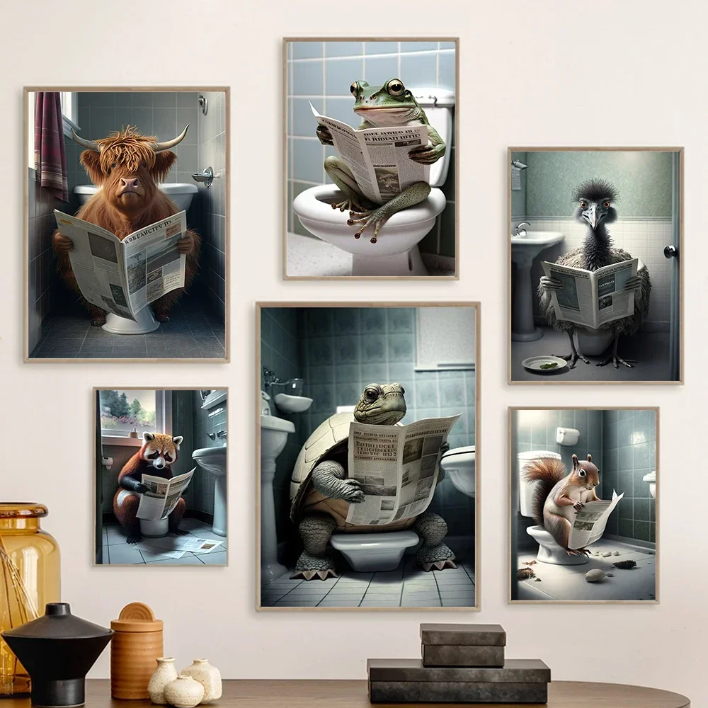 

Cartoon HD Animal Reading Newspaper Bathroom Wall Canvas Painting Emu Frog Tortoise Humorous Art Print Funny Toilet Decor Poster