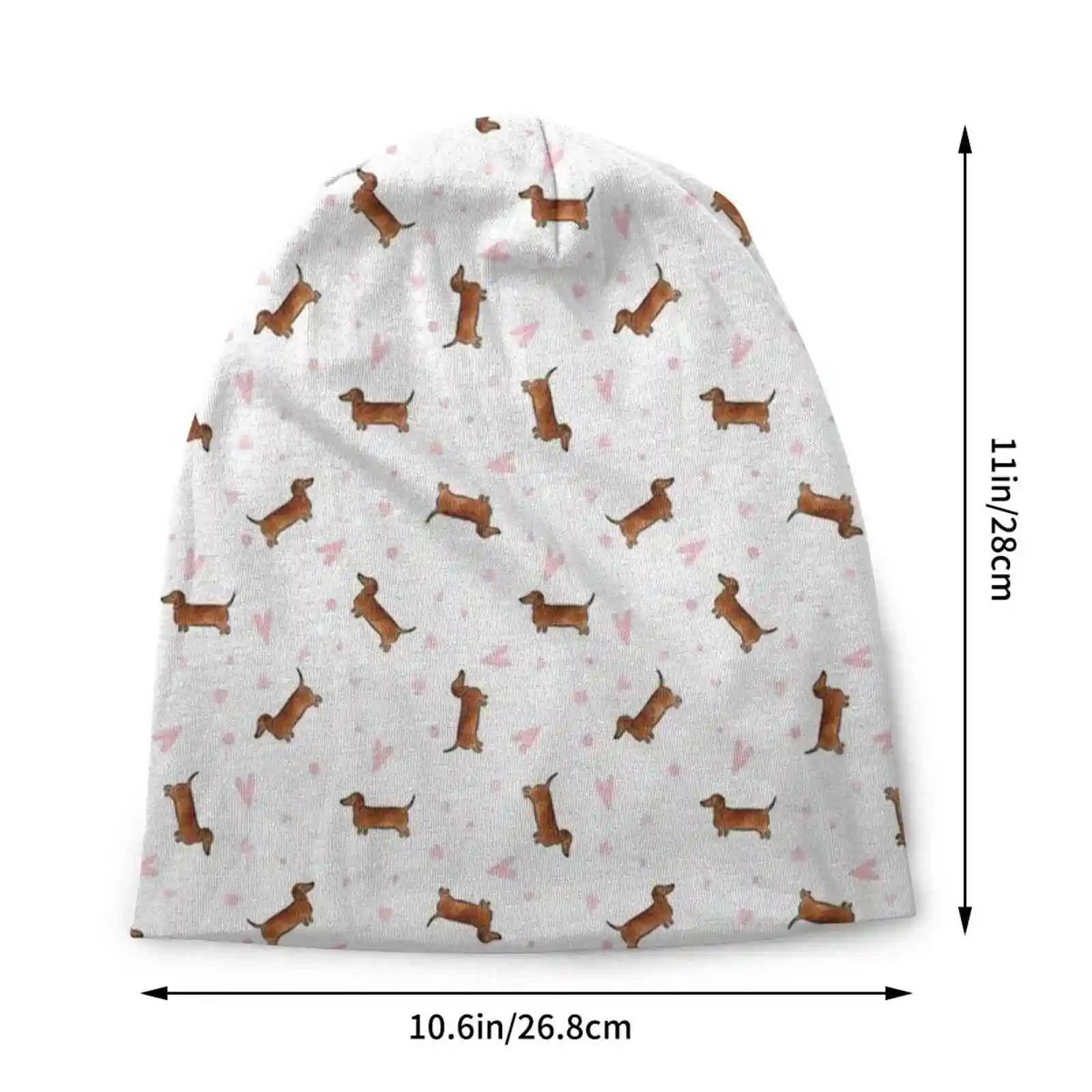 Dachshund Pattern-White Knitted Hat Warm Beanie Outdoor Caps Dogs Canine Dachshund Doxie Sausage Wiener Pattern Hearts White