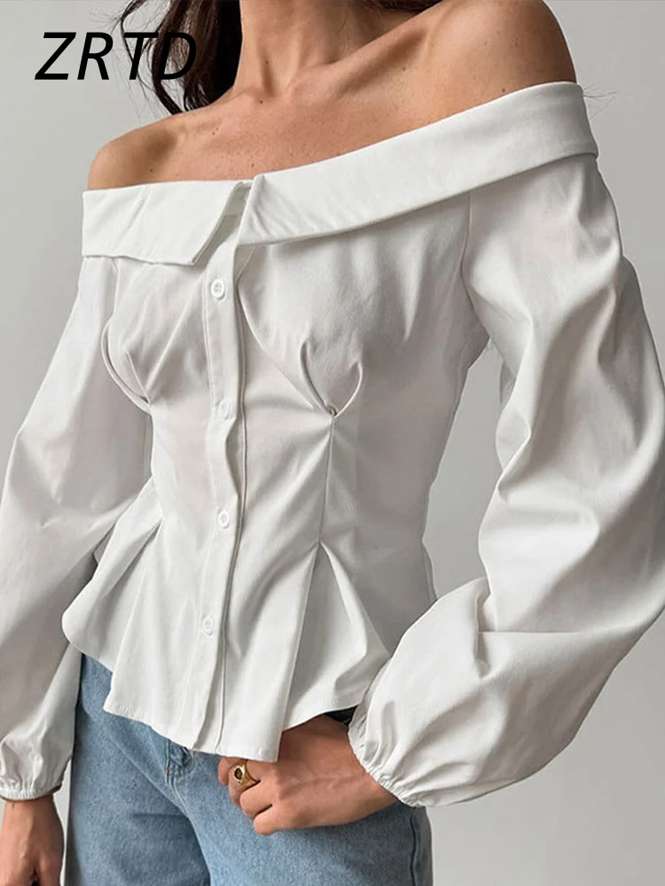 Sexy Women's Off Shoulder Shirts Slash Neck Single Breasted Lantern Sleeve Blouse 2025 Spring Lady Casual Pleated White Shirt