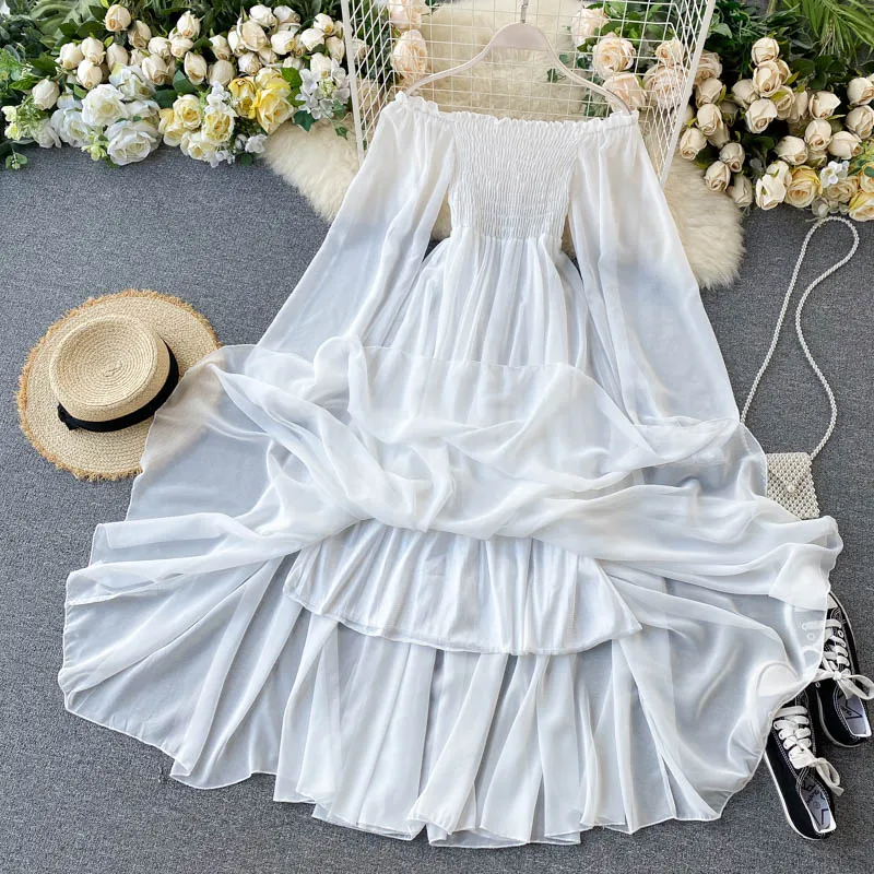 Primavera Estate nuove donne eleganti abito da vacanza manica a sbuffo slash neck spalle scoperte abiti in chiffon bianco femminile smock