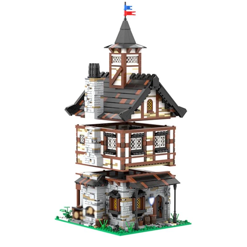 Castillo Medieval modelo MOC, ladrillos de construcción, casa superior puntiaguda, tecnología Modular, regalos de vacaciones para niños, juguetes para montar, traje