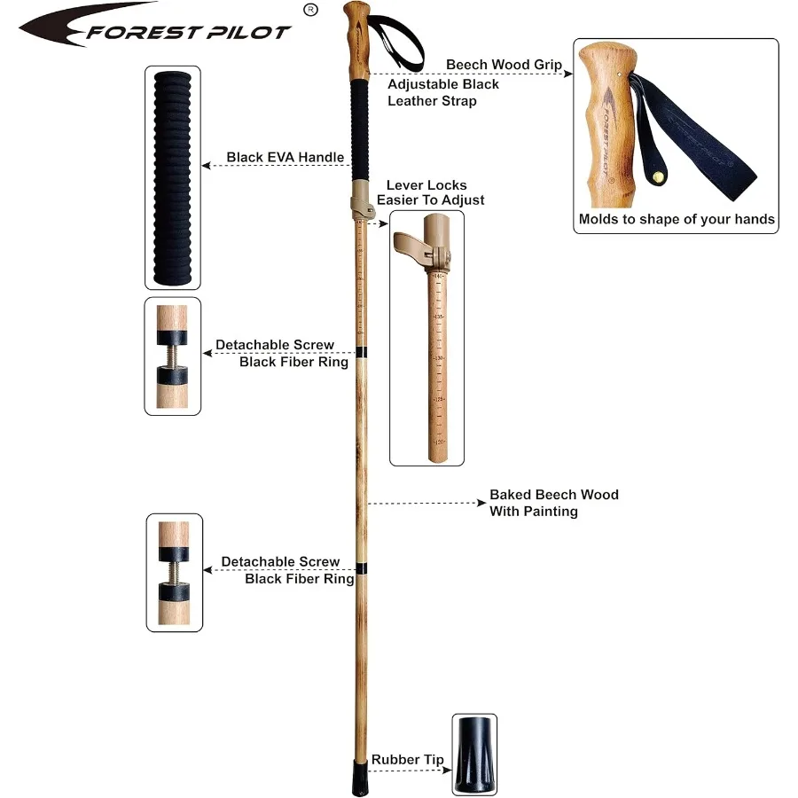 トレッキングポール - 1本入りパック - 調節可能なハイキングまたはウォーキングスティック、丈夫な天然ブナ材 - クイックアジャストフリップロック - ブナ材