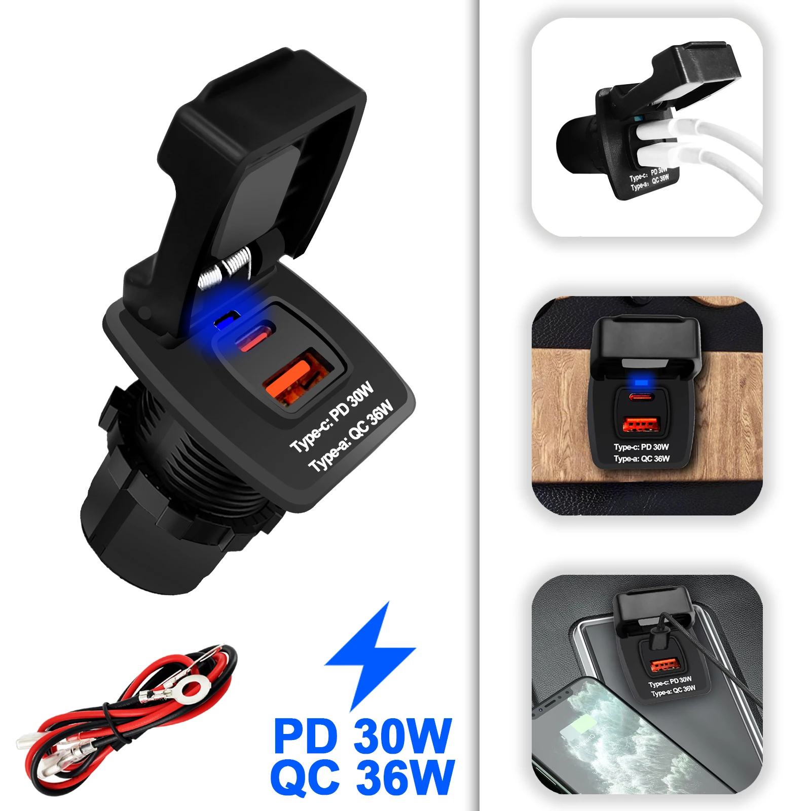 

DC 12V-24V USB Charger 30W PD Type C and 36W USB Charge Dual charging ports Socket with Blue Led for Marine Car Boat RV