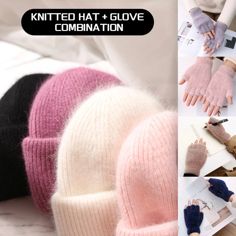 

24colors Angola Rabbit Fur Knitted Beanies Mink Fur Gloves Combination Women's Winter Hat 2024 Wool Plush Half Finger Gloves