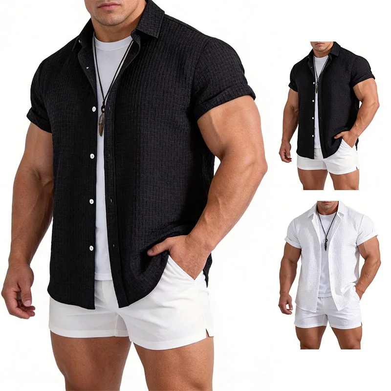 

2026 New Men's Jacquard Short Sleeve Shirt Elegant Textured Button-Down Casual Summer Top Modern Slim Fit Beach Shirt