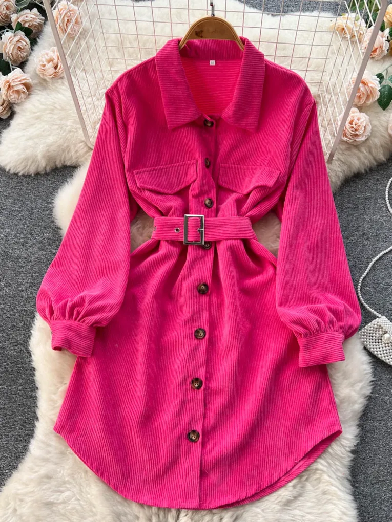 Foamlina Casual Women Autumn Corduroy Dress Solid Turn-down Collar Long Sleeve Single Breasted Belted A-line Short Female Dress