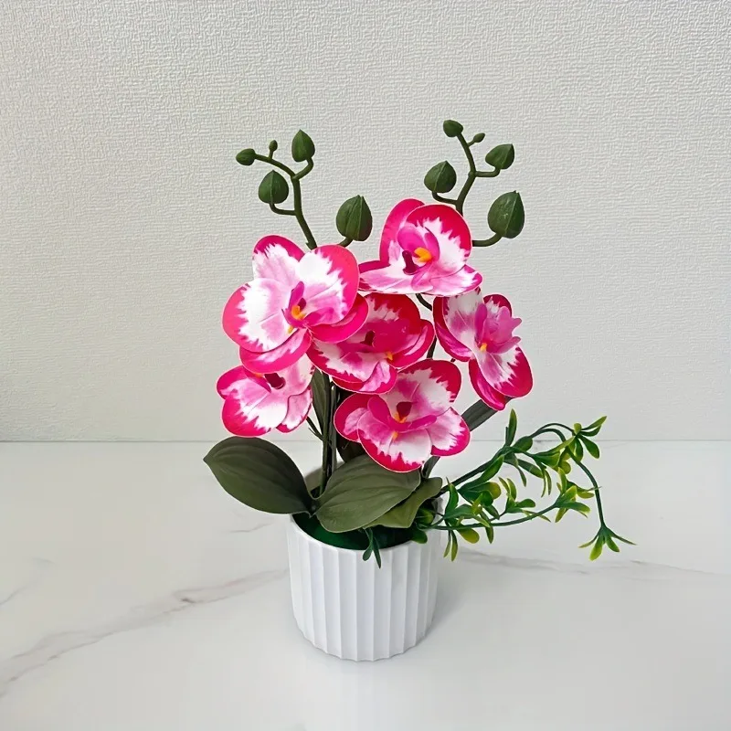 Künstlicher Orchideen-Schmetterlings-Doppelbündel mit 6-Blüten, Topfpflanzenfolie, realistisches Grün, Szenen-Setup für die Innenfotografie – Detail 10