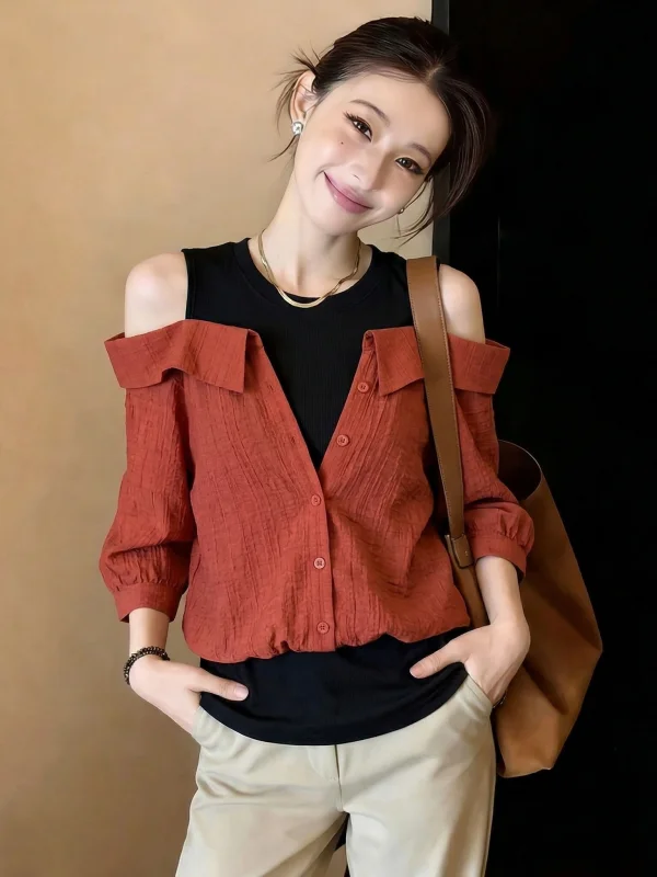 

Red Shoulder Bared Short Sleeve Shirt Women's Style Korean Loose Fit Summer New Arrival plus Size Trendy Streetwear Top