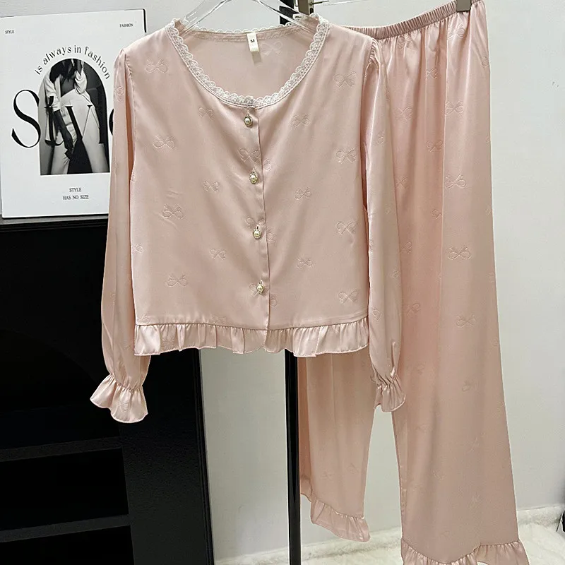 

Fashion Elegant Ladies Sleepwear Set Spring Fall Women's Pajamas New Silk Satin Nightwear Buttons Cardigan Long Pant Suit