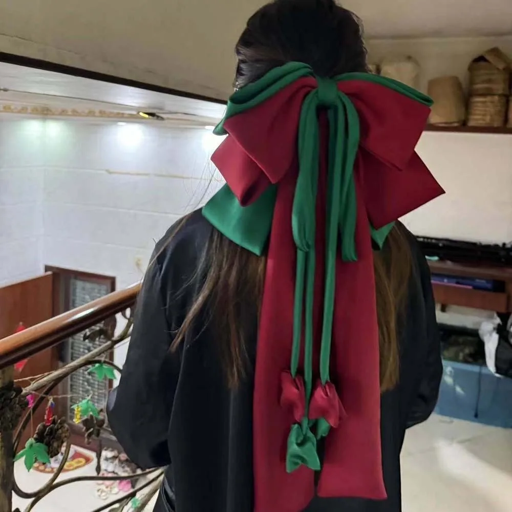 Alloy Oversized Bow Hair Clip Sweet Contrast Color Satin Ribbon Headdress 4-layer Printed Christmas Hair Accessory Women - view 4
