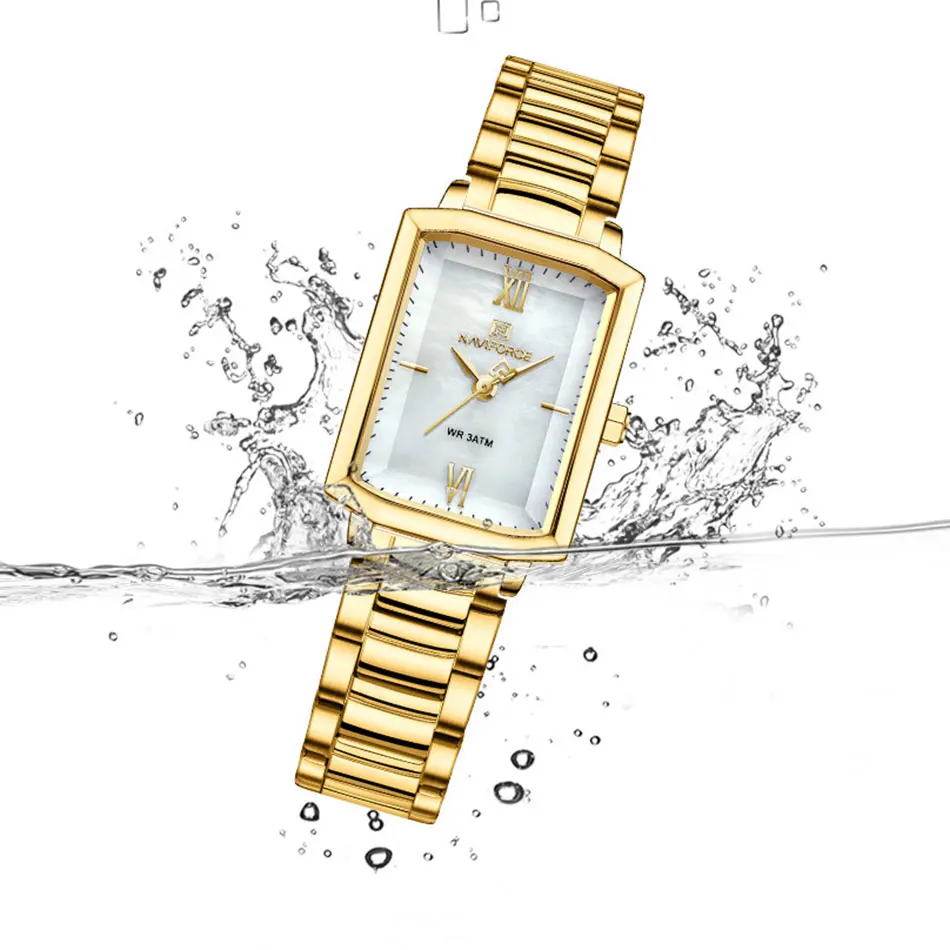 NAVIFORCE-relojes cuadrados de moda para mujer, correa de acero inoxidable dorado, relojes de pulsera de cuarzo para mujer, reloj femenino de lujo,