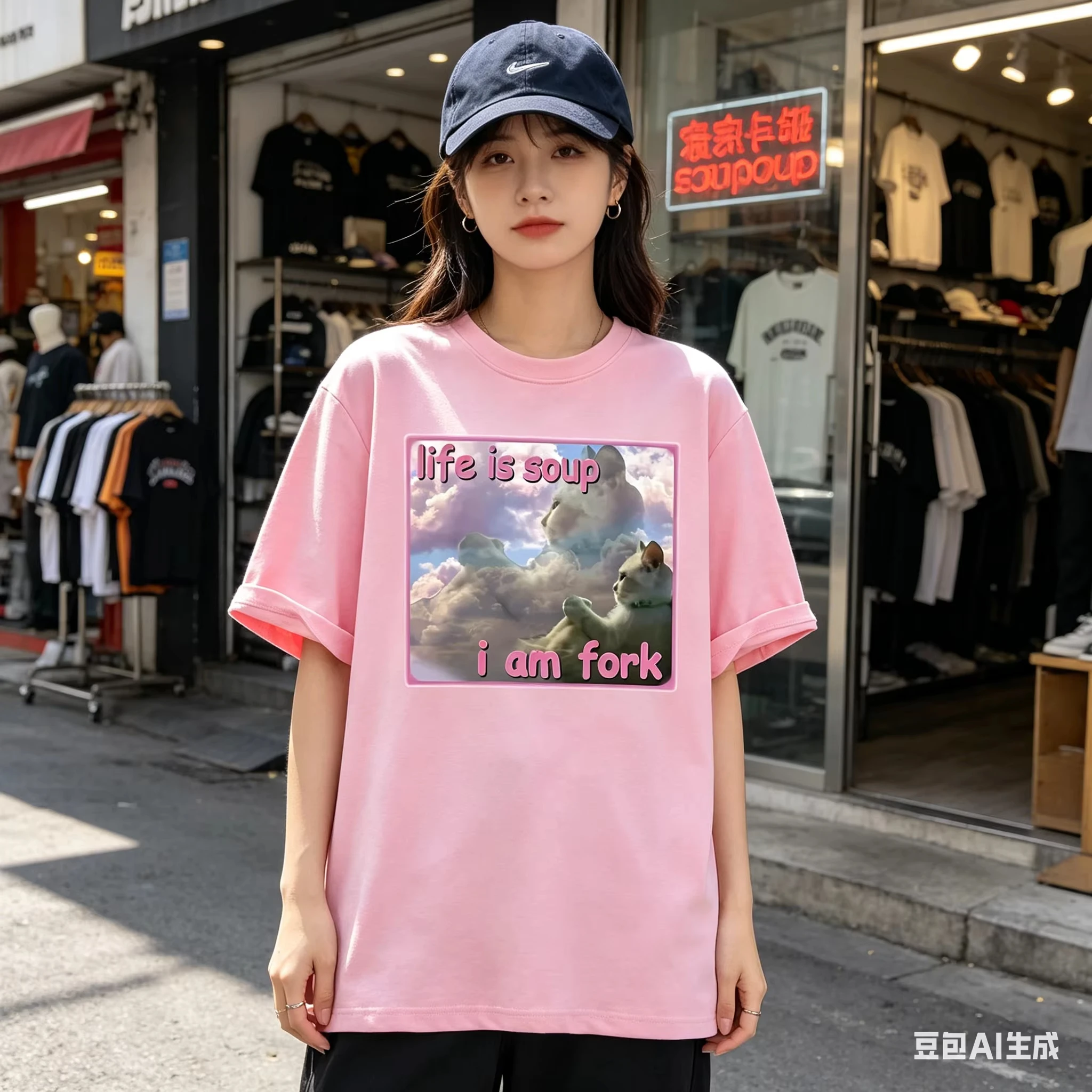 Life Is Soup I Am Fork T Shirts for Women Funny Cat Printed T-shirt Ugly Stupid Unhinged Tshirt Clothes Hip Hop Street Tees Y2K
