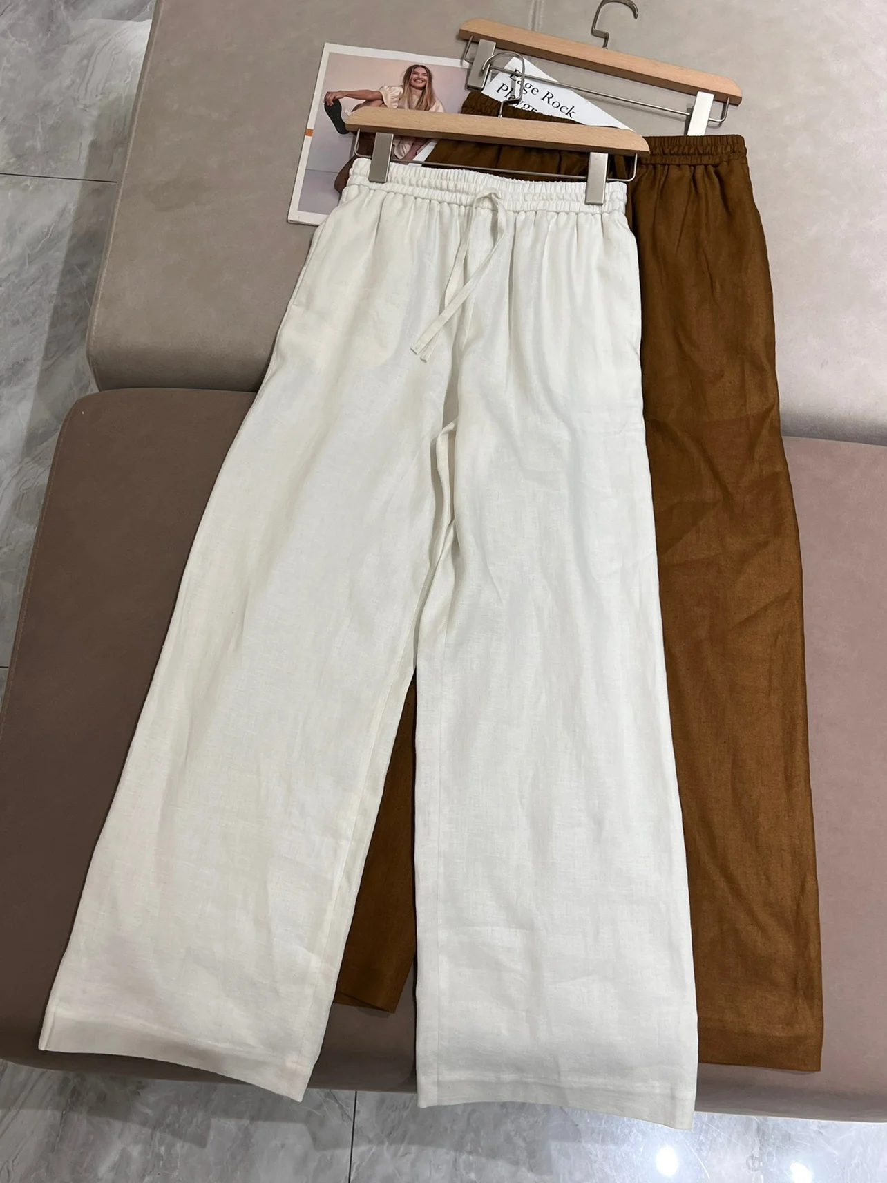 Summer L*P Women's Pants Linen Thin Light Long Pants With Elastic Waist Trousers Female Straight Wide Leg Trousers