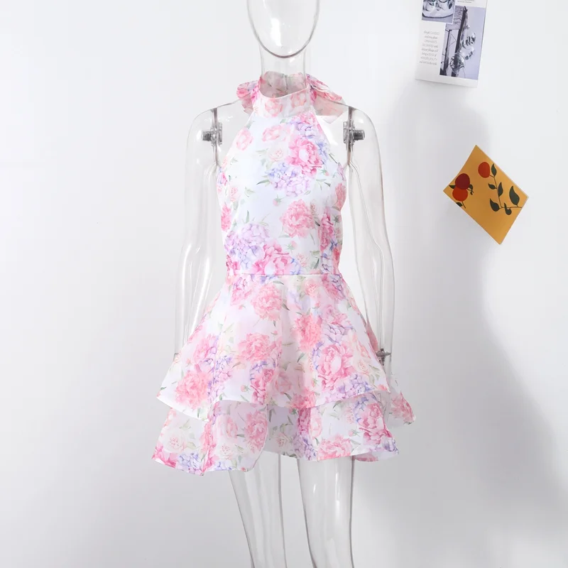 Elegant Floral Short Dress Summer Holiday Outfits Women Layered Party Dresses Sexy Halter Bow Lace-up Ruffled Hem Puffy Dress