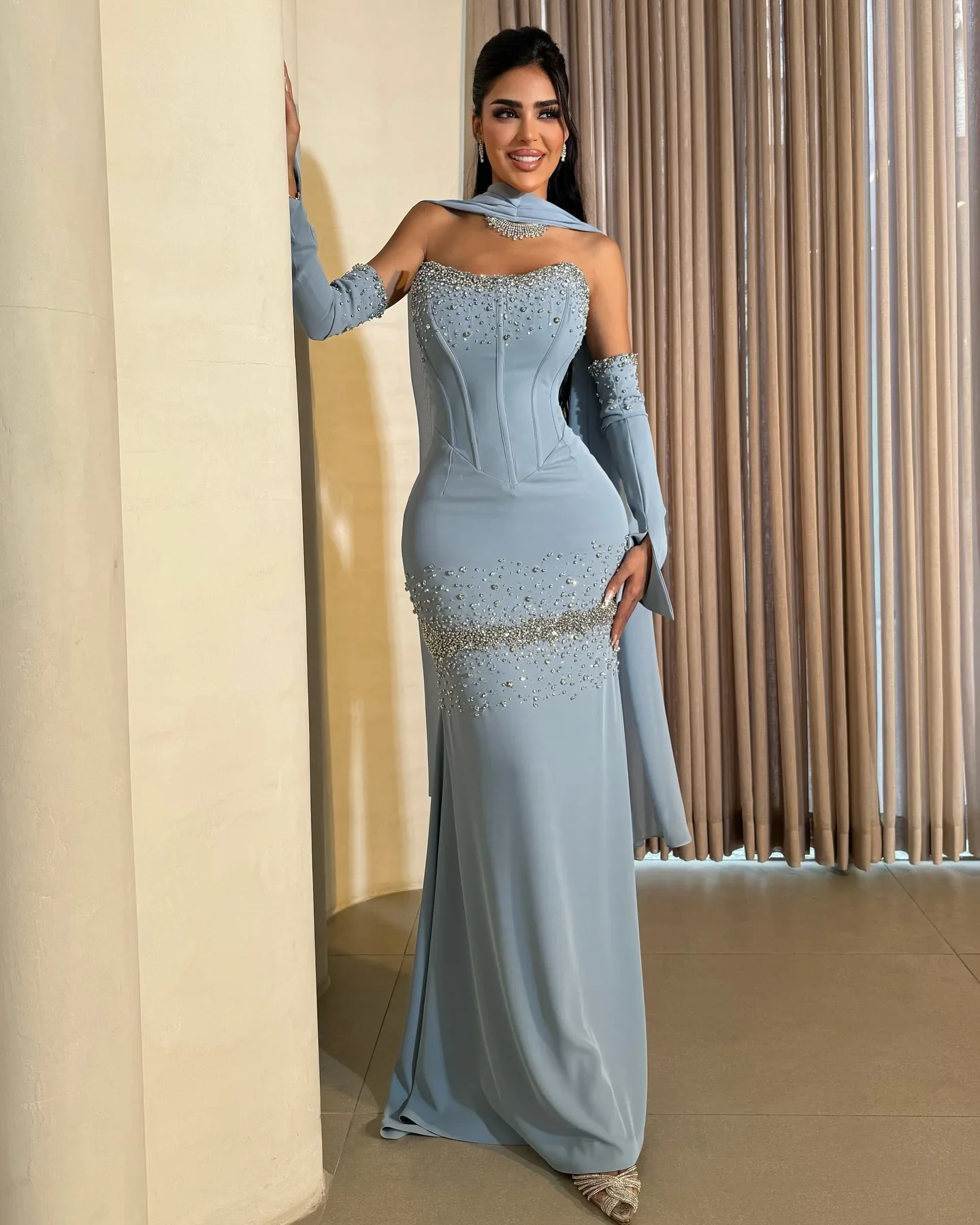 

Customized Sky Blue Prom Dresses Dubai Saudi Arabic Evening Dresses Floor Length Formal Women Party Dress for Ladies Party