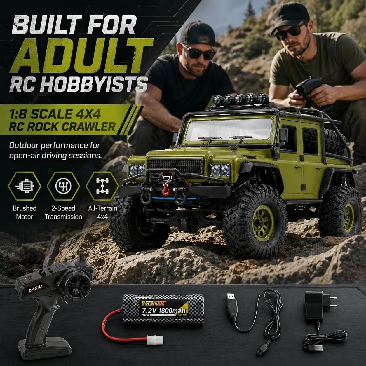 Remote Control Truck for Adults - 1:8 Scale 4x4 Offroad Crawler RC Car, Fast Speed Electric Hobby Grade Vehicle with Brushed Motor and Camo Pattern