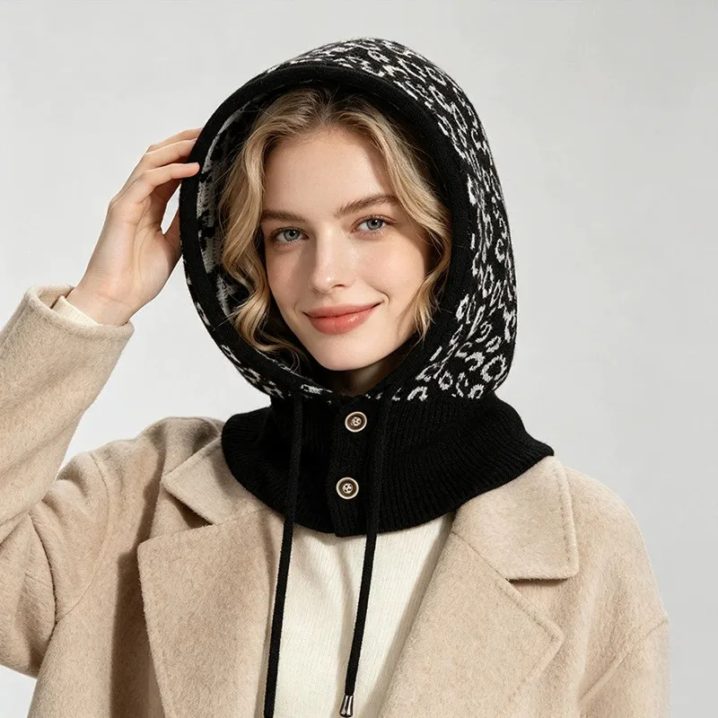 Leopard Print Balaclava Hat Women Winter Knitted Hoodie Beanie Neck Scarf One-Piece Casual Versatile Knit Wind-proof Caps