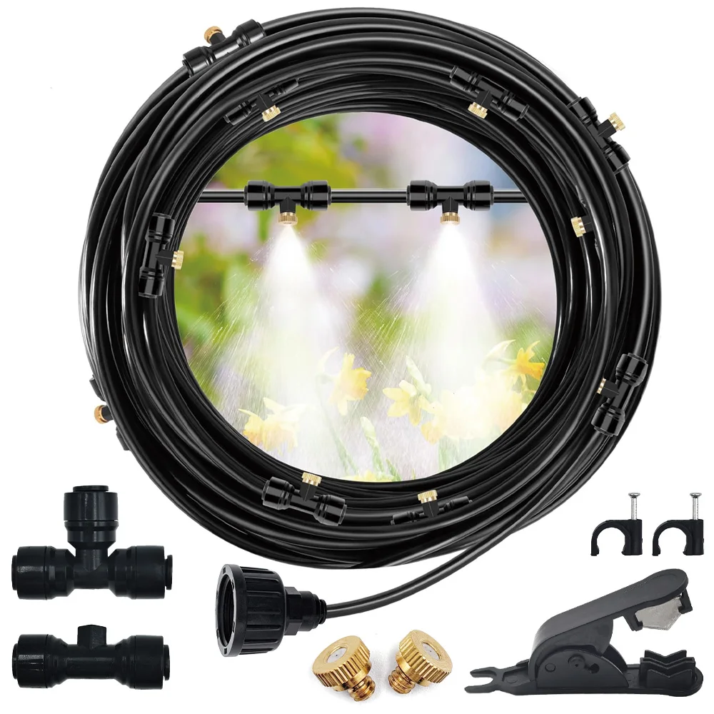 33FT DIY Outdoor Nebulizer Garden Sprayer Misting Cooling System Kit Includes 12 Brass Mist Nozzles For Patio Terrac Greenhouse