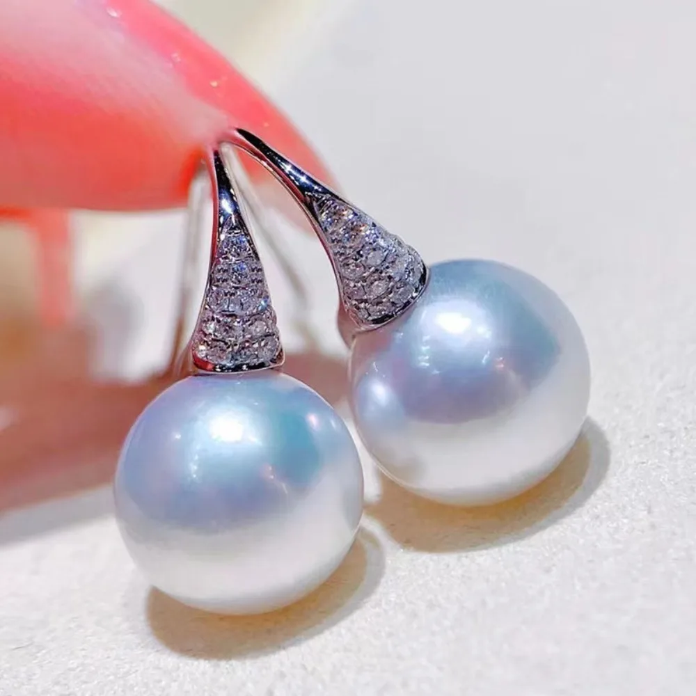 Luxury Large Luster White Pearl Drop Dangle Earrings Micro Pave Zircon Taper Top Silver Color for Women Wedding Mother Jewelry