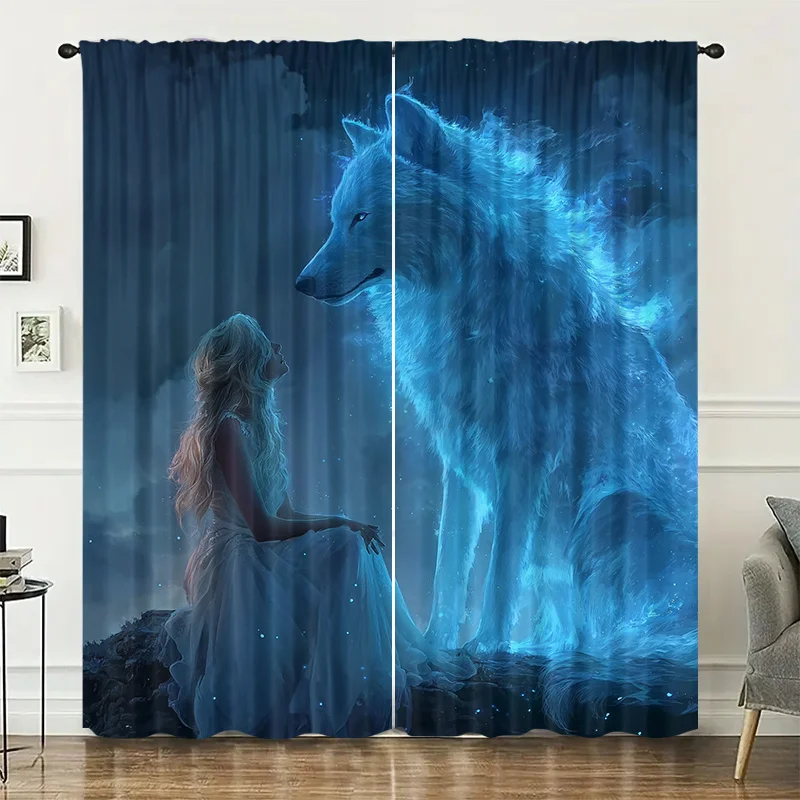 

2pcs Blue Wolf Girl Curtains Fantasy Spirit Print Blackout Drape Living Room Bedroom Window Treatment Home Decor