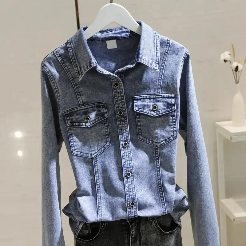 Denim Shirt Women's Long Sleeved 2022 Spring New Korean Version Slim Fit And Versatile Base Top With Layered Thin Jacket