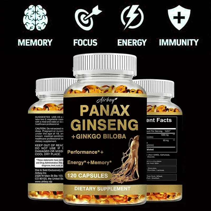 Ginseng + Ginkgo Supplement - Helps Arms, Legs and Brain, Memory and Learning, Vegan Capsules
