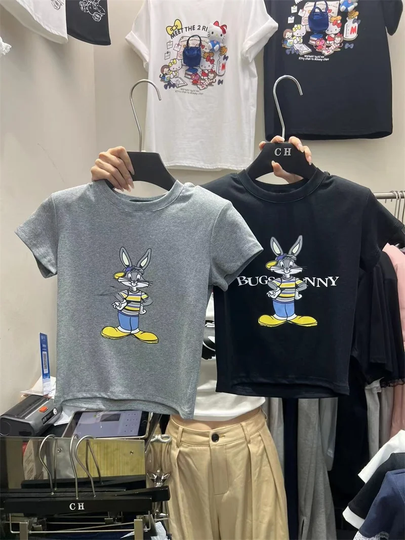 

Sweet Japanese Style Rabbit Cartoon Letter Print Short Sleeve Slim Fit Women's T-Shirt Versatile Summer Top Korean Style Cott...